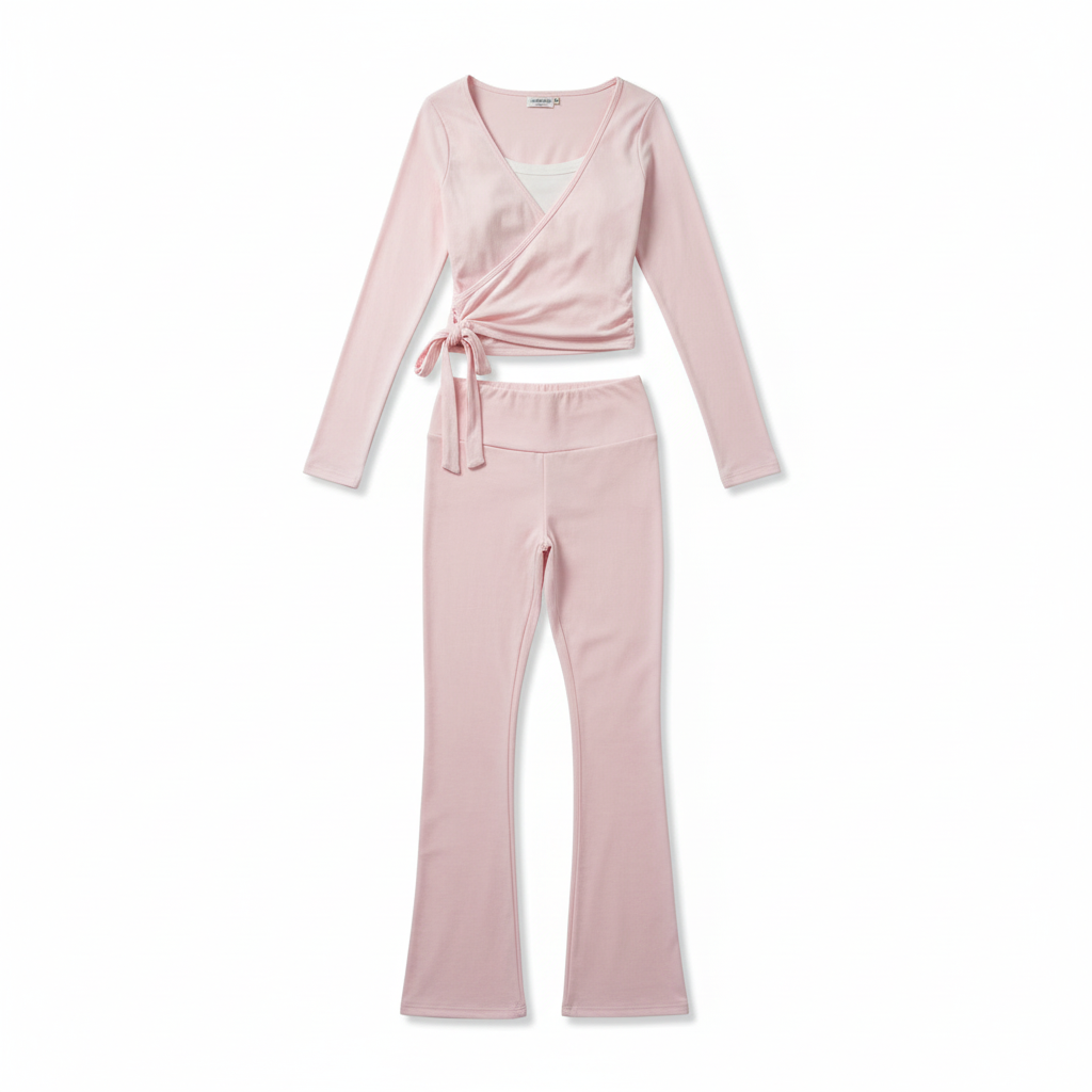 Women Autumn y2k Yoga 2 Piece Outfits Casual Solid Tie up Hem Wrap Long Sleeves V-neck Crop Tops Elastic Flare Pants Tracksuits